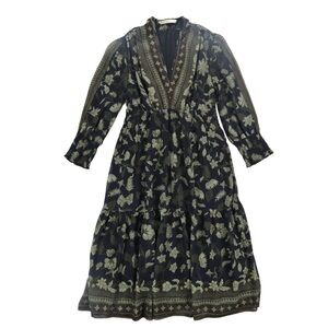 eShakti Dress Wayward Fancies Chiffon Midi Longsleeve Floral Print Batik Green